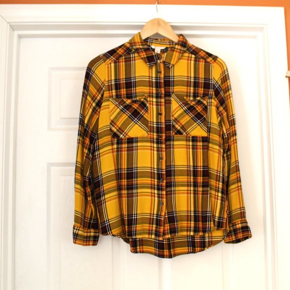 Cato Flannel Mustard Yellow Plaid Button Up Shirt Blouse - Picture 1 of 11
